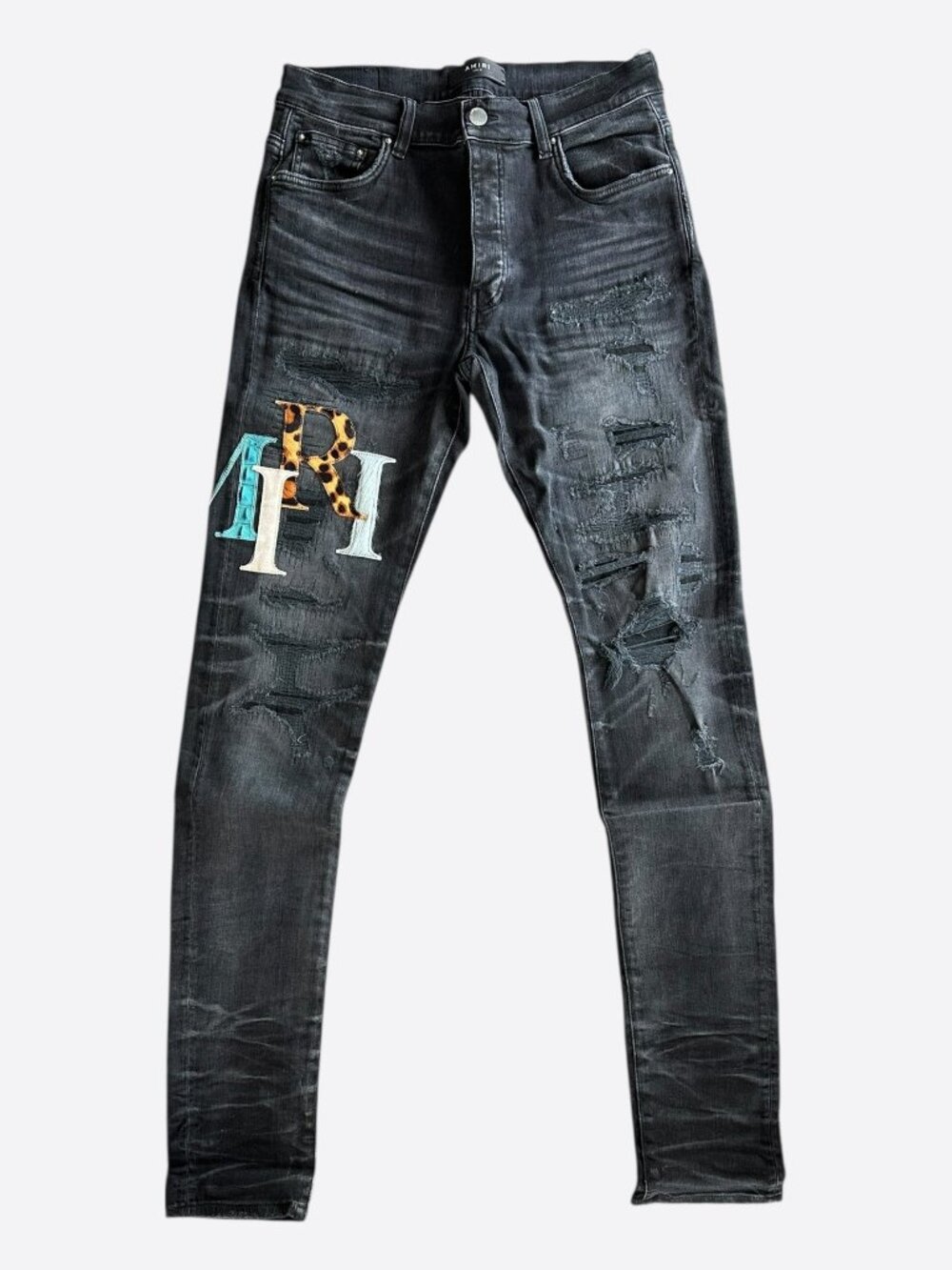 Amiri Faded Black Leather Multicolor Staggered Logo Jeans